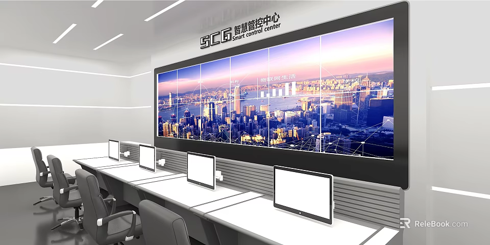 Modern Monitoring Room Interior With Video Wall Multiple Monitors Desks And Office Chairs 3d model 
