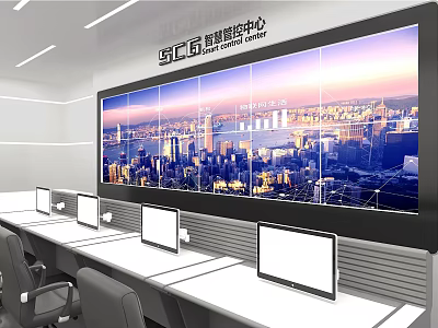 Modern Monitoring Room Interior With Video Wall Multiple Monitors Desks And Office Chairs 3d model