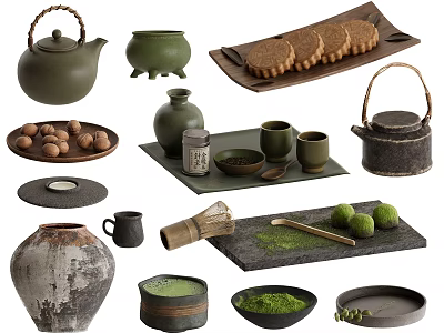 Traditional Tea Set with Teapot Cups Tray Matcha Powder and Tea Accessories 3d model
