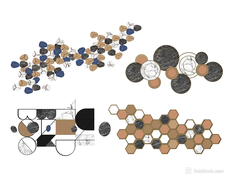 Creative Wall Decor With Geometric Shapes Blue Brown Black White Marble Texture Patterns 3d model