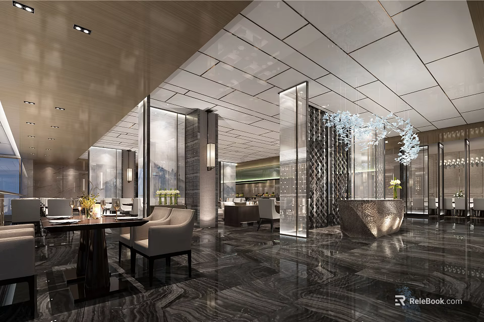 Modern Luxury Restaurant Interior With Marble Floors Glass Partitions And Chandeliers 3d model 