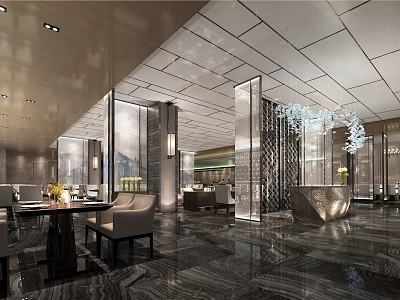 Modern Luxury Restaurant Interior With Marble Floors Glass Partitions And Chandeliers 3d model