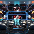 KTV Corridor With Blue Neon Lights And City View Screens