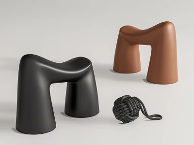 Modern Curved Black And Brown Stools With Rope Decoration In Minimalist Style 3d model