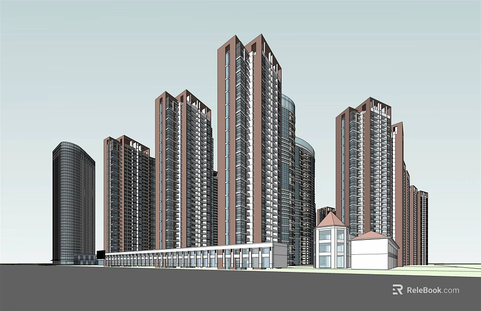 Modern High Rise Building Complex With Multiple Towers And Low Rise Structure 3d model