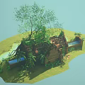 Cartoon Scene with Thatched Roof Houses Small River and Green Palm Trees