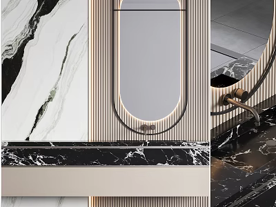 Modern Bathroom Sink With Marble Countertop Oval Backlit Mirror And Vertical Stripes Wall 3d model