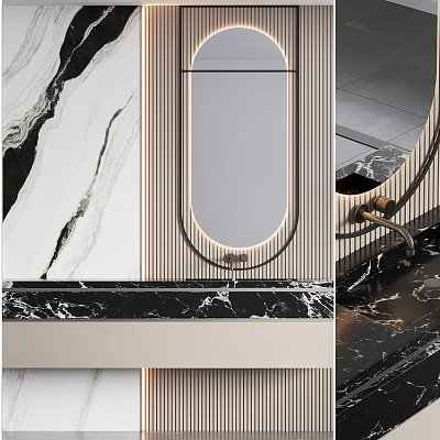 Modern Bathroom Sink With Marble Countertop Oval Backlit Mirror And Vertical Stripes Wall 3d model