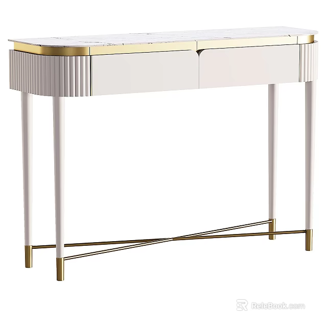 Elegant White Desk With Gold Accents Cross Leg Design And Drawers For Home Office 3d model 