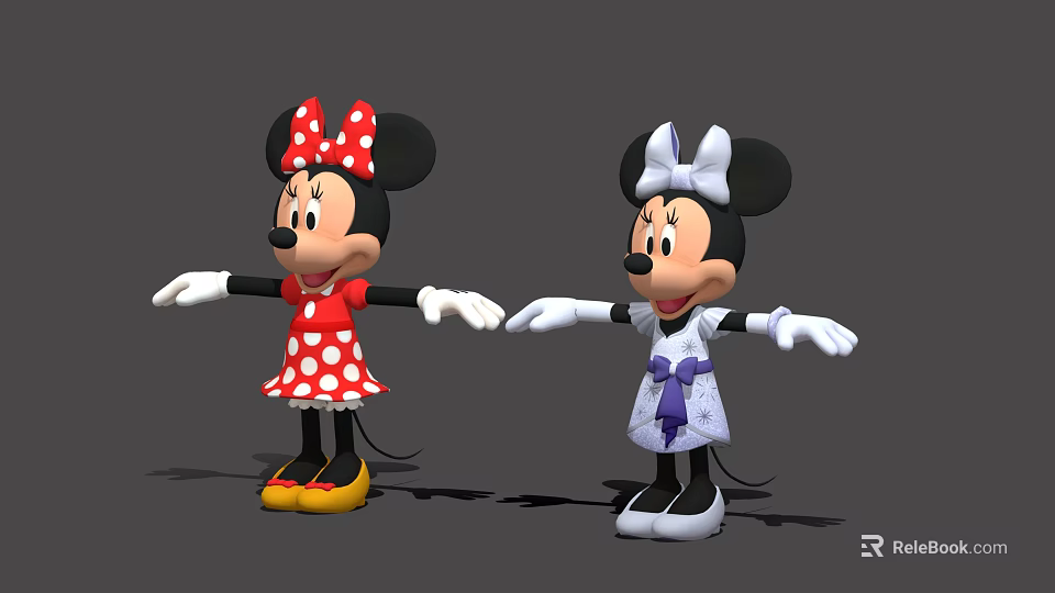 Minnie Mouse Game Movie Characters In Red Polka Dot Purple Dresses With Bows Extended Hands 3d model 