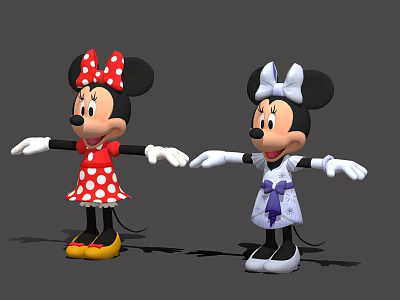 Minnie Mouse Game Movie Characters In Red Polka Dot Purple Dresses With Bows Extended Hands 3d model
