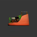 Cartoon Scene With Cute Snack Cart Green Cactus And Wooden Shelter On Red Sandy Ground