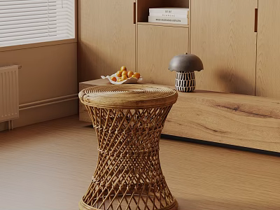 Rattan Round Side Table with Fruit Bowl and Table Lamp in Cozy Wooden Room 3d model