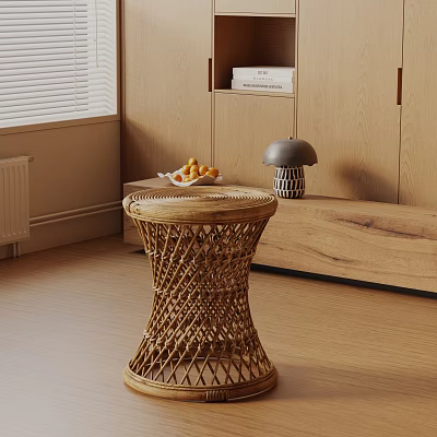 Rattan Round Side Table with Fruit Bowl and Table Lamp in Cozy Wooden Room 3d model