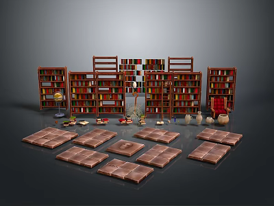 Cozy Library Interior With Wooden Bookshelves Filled With Books Red Chair Mats And Lamp 3d model