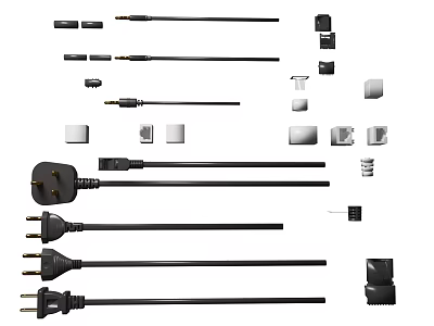 Collection of Various Black Power Cords Plugs and Small Electronic Components 3d model