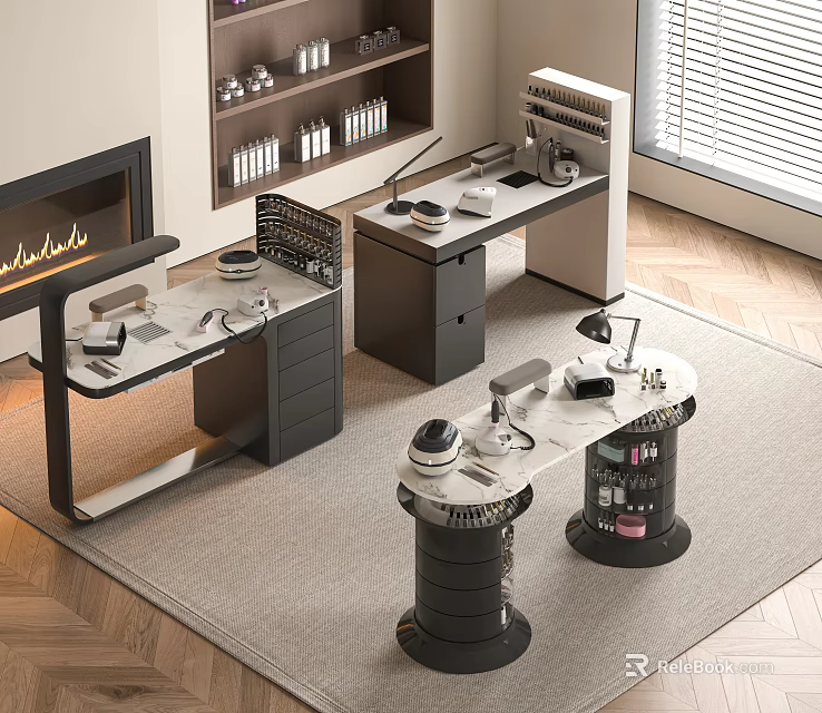 Modern Home Office Workspace With Desks Chairs Bookshelves Fireplace And Supplies 3d model 