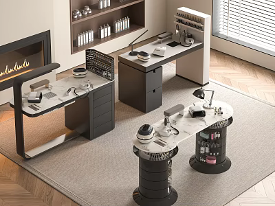 Modern Home Office Workspace With Desks Chairs Bookshelves Fireplace And Supplies 3d model