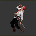 Red Headed Adventurer Drinking From Red Cup With Waist Tools In Gray Background