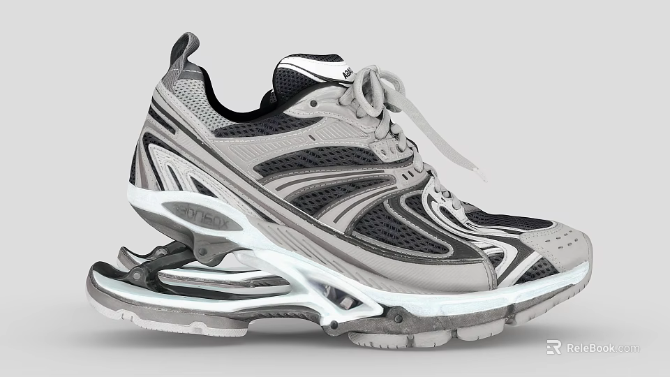 Modern Gray White Athletic Shoes With Streamlined Mesh Design And Thick Sole 3d model 