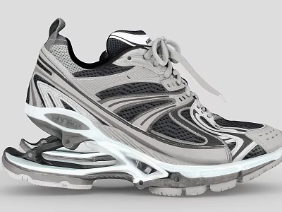 Modern Gray White Athletic Shoes With Streamlined Mesh Design And Thick Sole 3d model