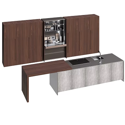 Modern Kitchen Cabinetry With Wooden Doors And Stainless Steel Island Countertop 3d model