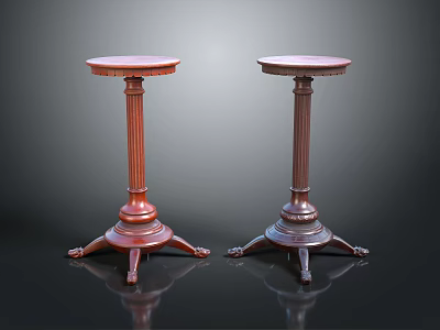 Classic Style Two Wooden Stools with Cylindrical Columns and Round Tops on Dark Bases 3d model