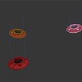 Three Red Circular Reflective Spacecraft With Black Center Suspended In Dark Cosmic Background