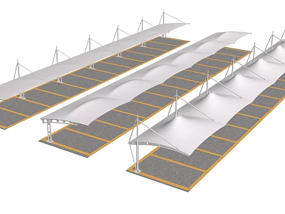Parking Lot Canopies with White Fabric Roof Covering Multiple Car Parking Spaces 3d model