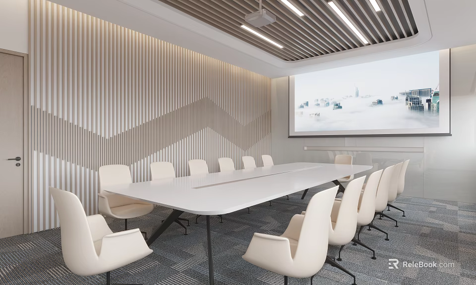 Modern Conference Room with Long Table White Chairs Projector Screen Striped Wall Ceiling Light Strips 3d model 
