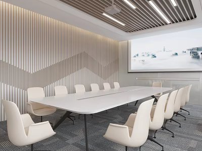 Modern Conference Room with Long Table White Chairs Projector Screen Striped Wall Ceiling Light Strips 3d model