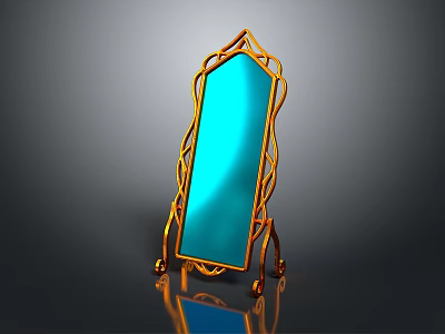 Elegant Standing Mirror With Golden Ornate Frame And Blue Reflective Surface 3d model