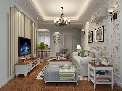 Cozy Modern Living Room Interior With TV Sofa Chandelier Green Plant And Decorative Paintings 3d model