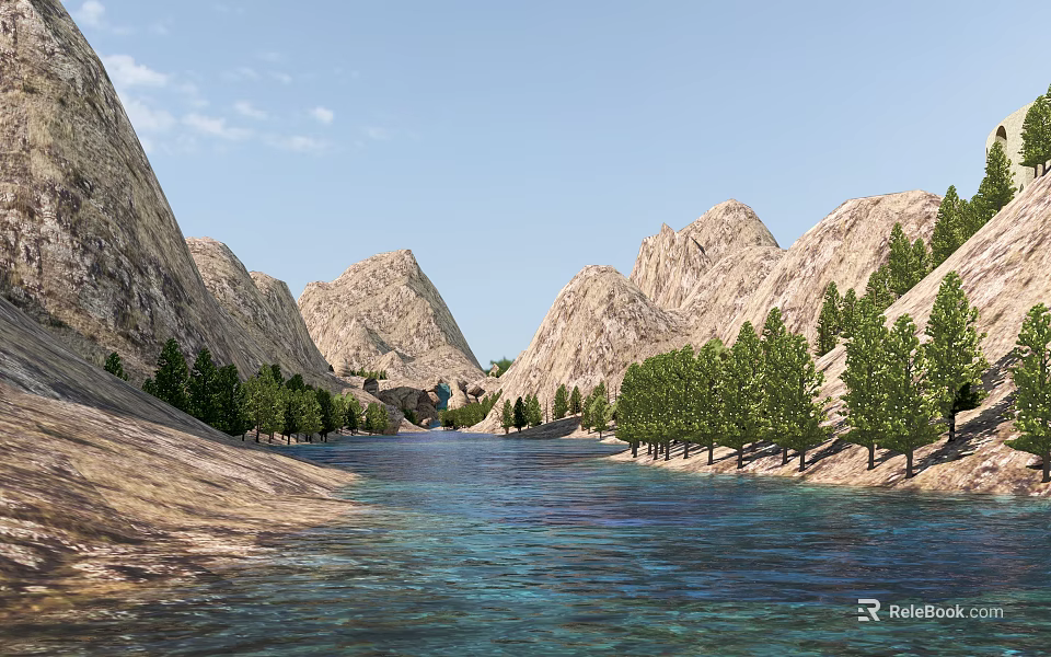 Natural Landscape With Serene River Flowing Through Towering Mountains And Lush Trees 3d model 