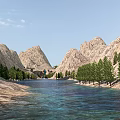 Natural Landscape With Serene River Flowing Through Towering Mountains And Lush Trees