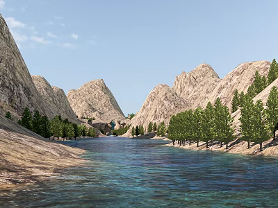 Natural Landscape With Serene River Flowing Through Towering Mountains And Lush Trees 3d model