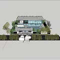 Modern Sales Office Building With Glass Curtain Wall And Pool Water Reflection Greenery