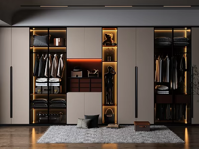 Modern Walk In Closet With Hanging Clothes Folded Items And Ambient Lighting 3d model