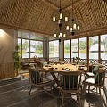 Traditional Bamboo Restaurant Interior With Round Dining Table Wooden Chairs Chandeliers And Green Plants