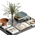 Ornament Decor Set With Books Vase Green Plant Wooden Bowl And Glass Cups On Tray