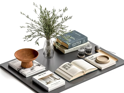 Ornament Decor Set With Books Vase Green Plant Wooden Bowl And Glass Cups On Tray 3d model