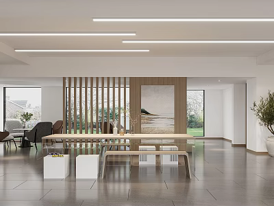 Modern Tea Room Interior With Wooden Screen Long Table Bench Windows And Green Plants 3d model