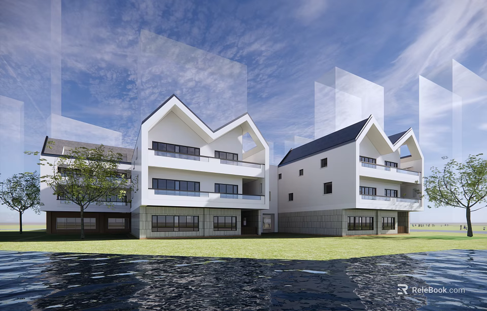 White Modern School Building Exterior With Balconies Grassland Water Trees And Blue Sky 3d model 