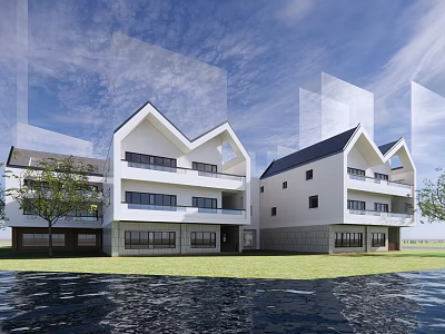 White Modern School Building Exterior With Balconies Grassland Water Trees And Blue Sky 3d model
