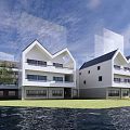 White Modern School Building Exterior With Balconies Grassland Water Trees And Blue Sky