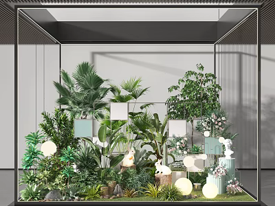 Glass Framed Indoor Garden Display With Various Green Plants Decorative Ornaments And Round Lights 3d model