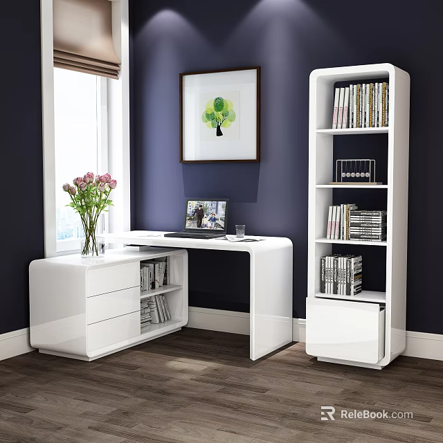 White Desk with Laptop Pink Flowers and Bookshelf with Books in Blue Wall Room 3d model 