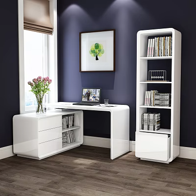 White Desk with Laptop Pink Flowers and Bookshelf with Books in Blue Wall Room 3d model