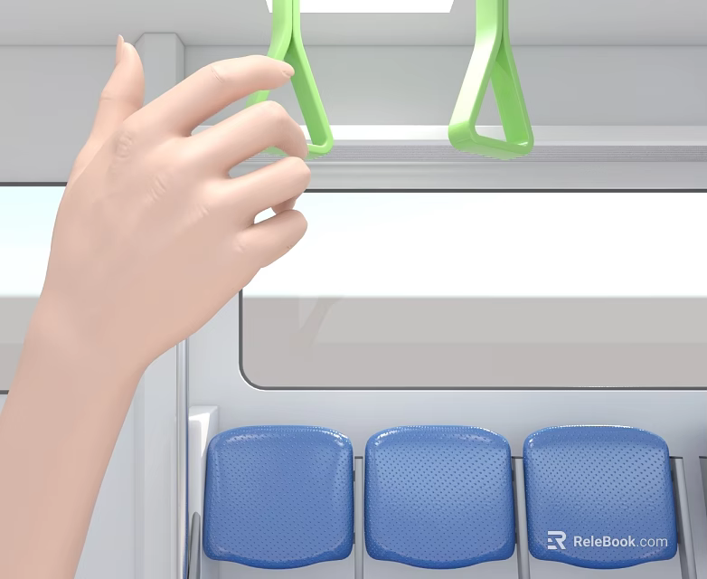 Hand Operating Green Hinged Door With Blue Seats In Bus Interior 3d model