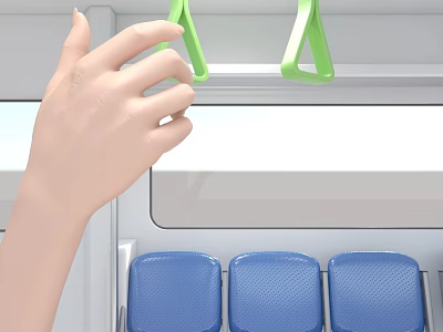 Hand Operating Green Hinged Door With Blue Seats In Bus Interior 3d model